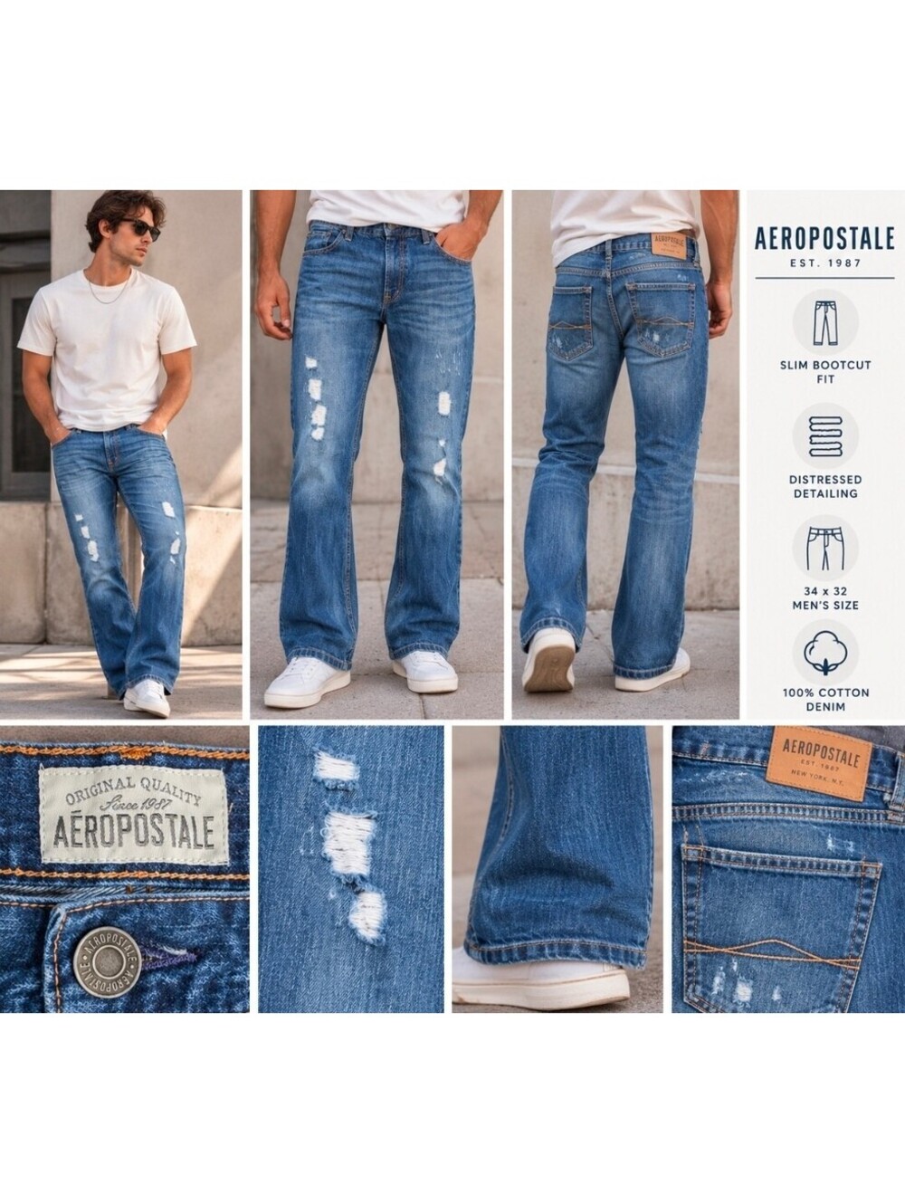 Aeropostale Mens 34x32 Slim Bootcut Jeans Distressed Medium Wash Y2K 2000s Denim